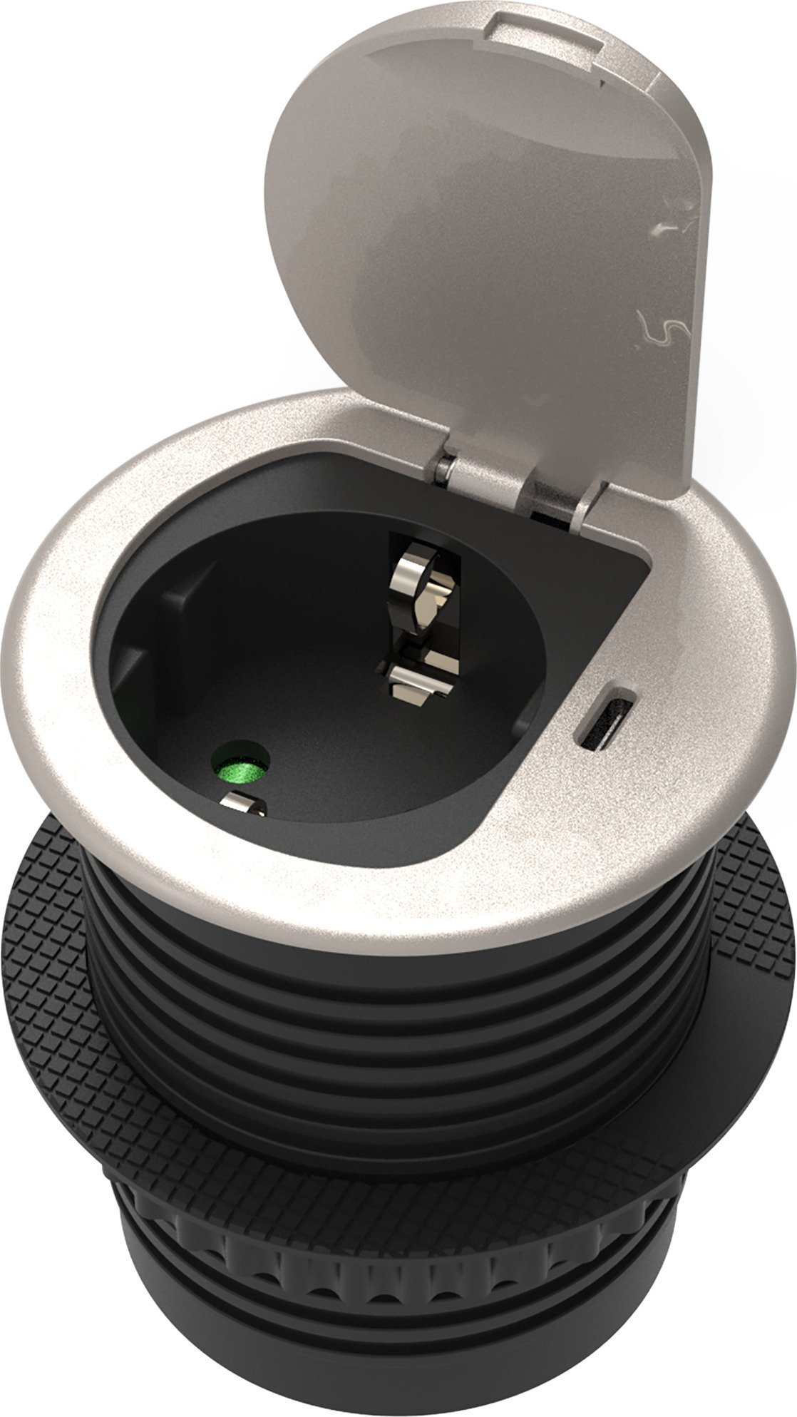 Orno Gniazdo meblowe ?6cm wpuszczane w blat z pokrywką, ładowarką USB i przewodem 1,9m, 1x2P+Z (Schuko), 1xUSB (typ C; 20W), srebrne