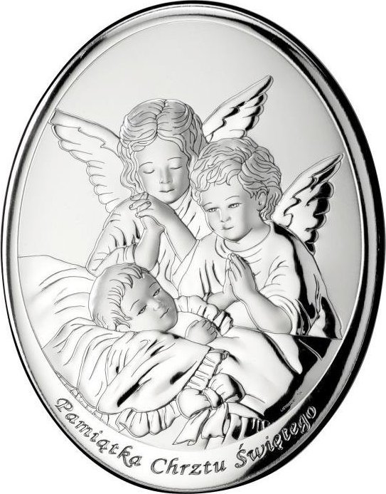 Valenti Srebrny obrazek z wizerunkiem Aniołków nad dzieckiem 10x13 cm Uniwersalny