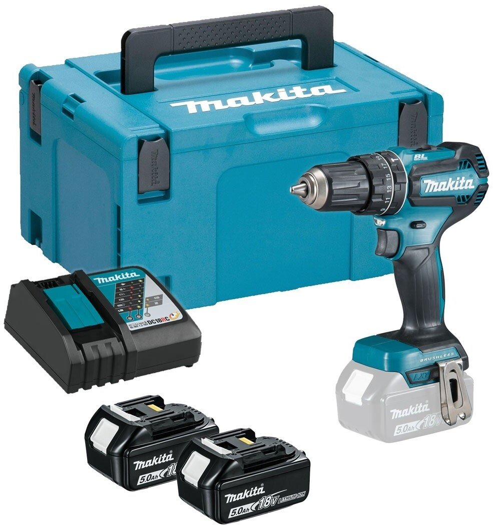 Wiertarko-wkrętarka Makita DHP485RTJ Akumulatorowy wiertarko-wkrętarka udarowa, 18 V, 2x 5,0 Ah Li-ion, 50/25 Nm, 1,7kg, LED, BL-motor, MAKPACK