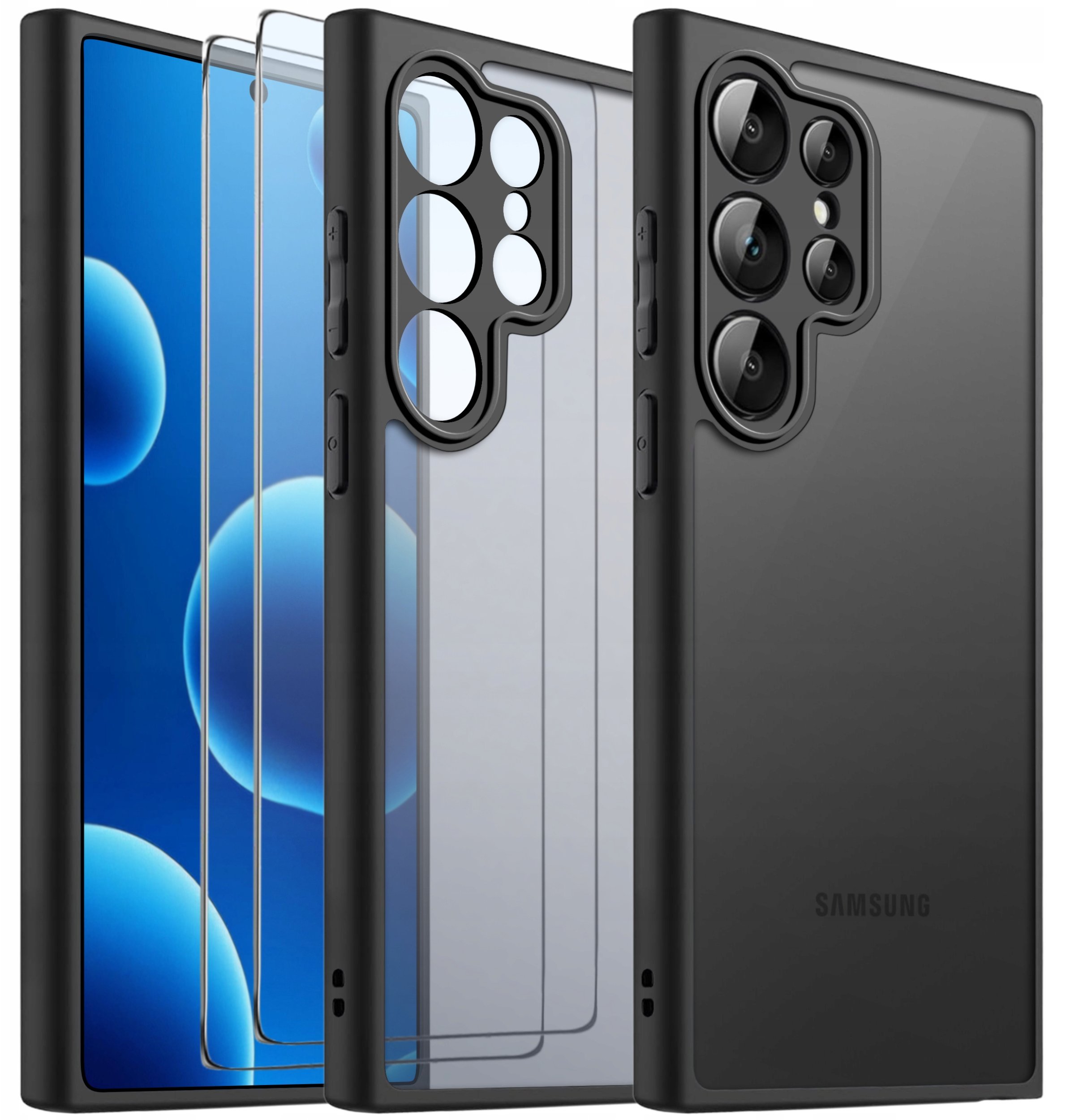 Etui do Samsung S25 Ultra MATOWE WZMACNIANE CZARNE ZESTAW 2x SZKŁO