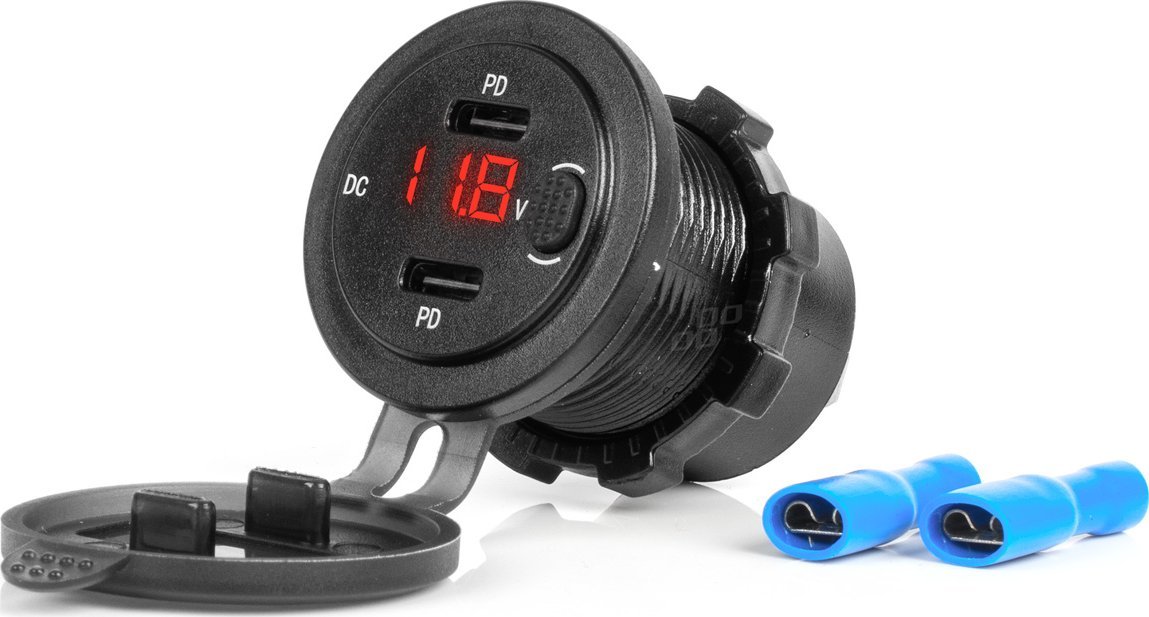 Ładowarka AMiO Ładowarka samochodowa z gniazdami usb i testerem napięcia wodoodporna z włącznikiem 2x usb-c 12v 24v amio-04226