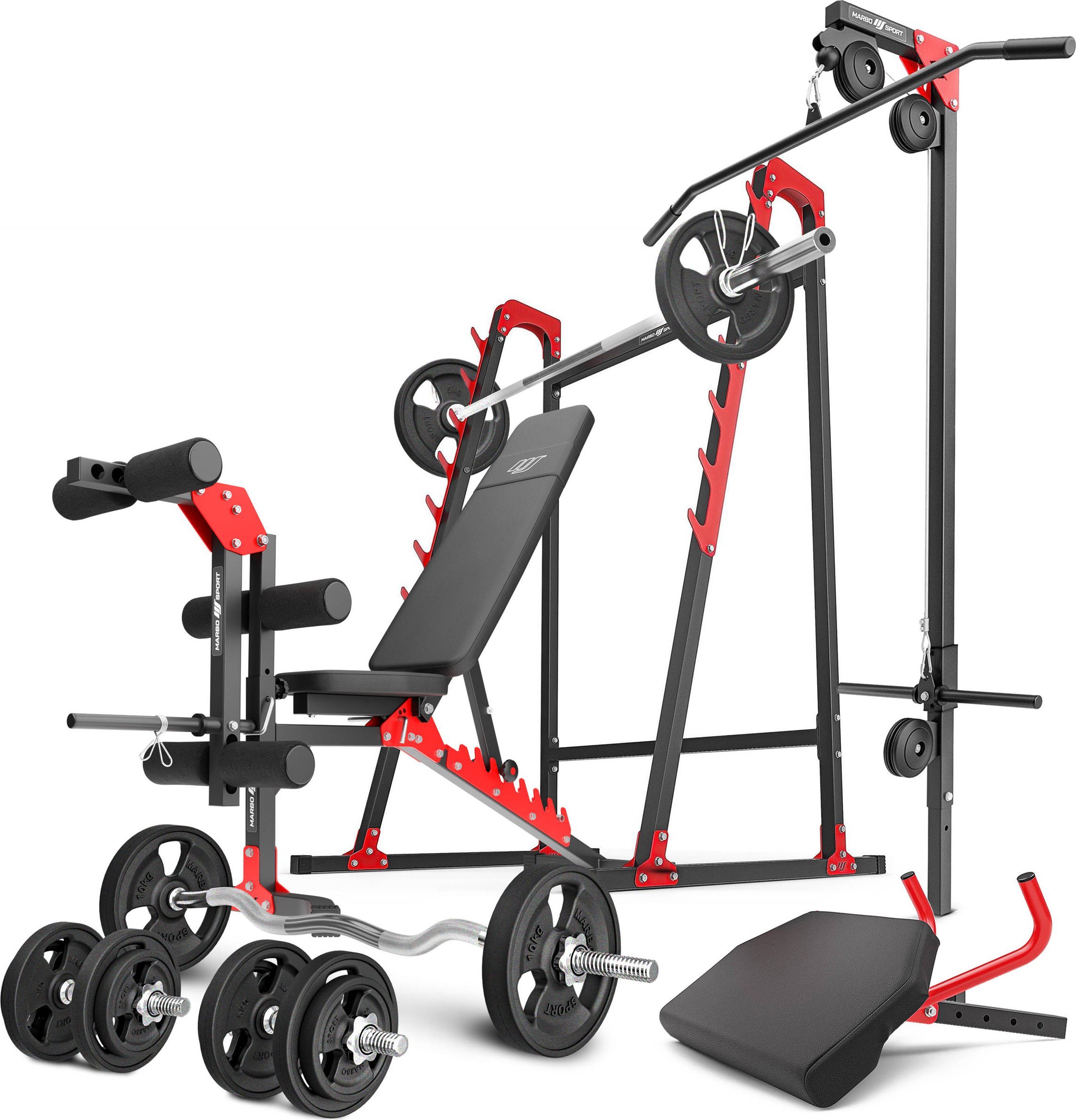 Zestaw MH26_147KG_KIER_G | Ławka + stojaki + prasa na nogi + wyciąg + modlitewnik (wsuwka) + zestaw gryfów i obciążeń gumowanych 83 kg - Marbo Sport