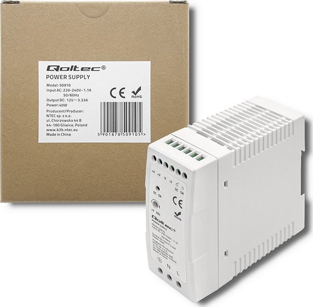 Qoltec Zasilacz na szynę DIN | 40W | 12V | 3.33A | Biały | Slim
