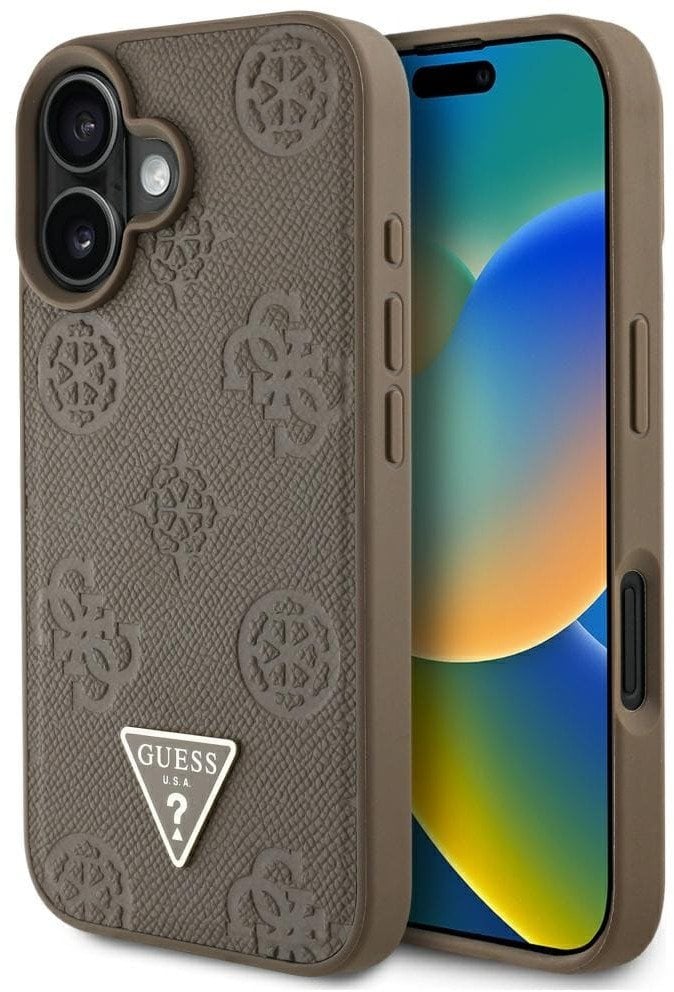 Etui Guess Grained Hot Stamp Peony Triangle Logo MagSafe do iPhone 16 brązowy