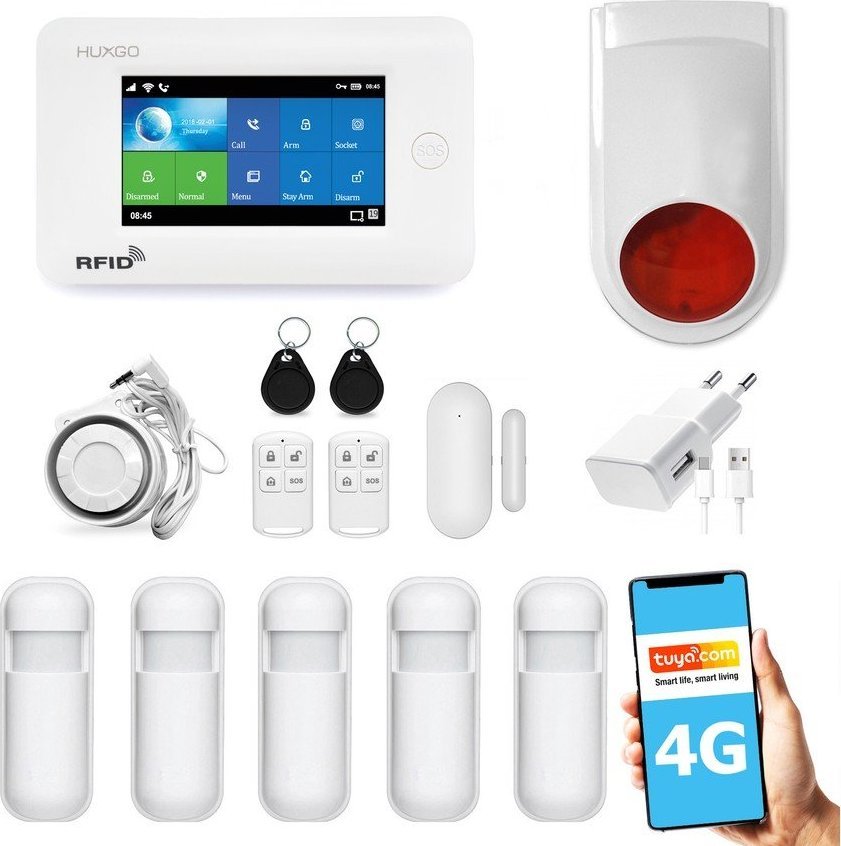 Huxgo Bezprzewodowy alarm GSM + WiFi HXA006 4G LTE z aplikacją TUYA SMART - C5 + syrena bezprzewodowa