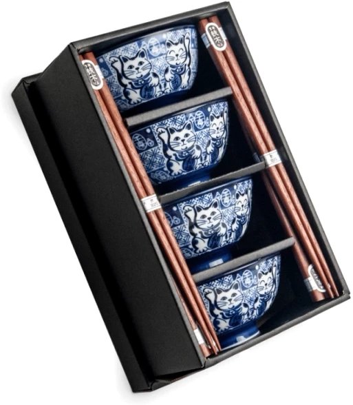 Zestaw misek do dań japońskich kotki biało-niebieski, 8 elementów - Edo Japan