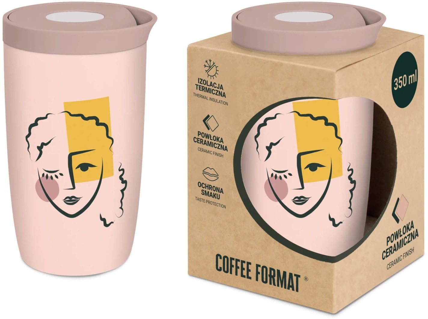 Coffee Format Różowy kubek termiczny z motywem twarzy 350 ml