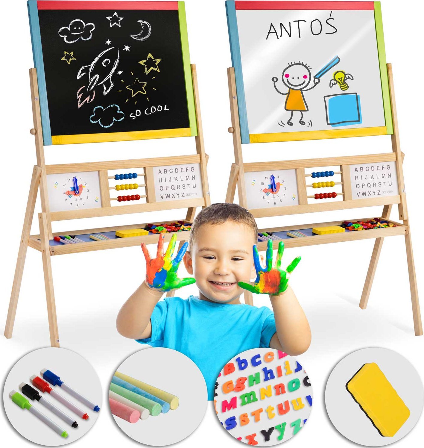 Ricokids Duża magnetyczna kredowa tablica obrotowa z zegarem Ricokids - wielokolorowa