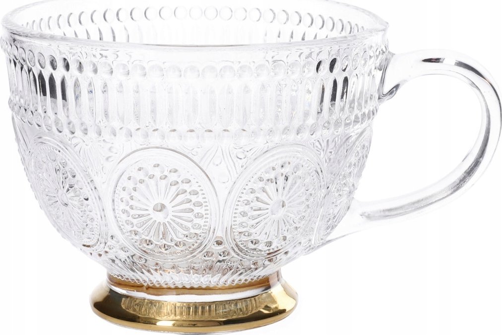 Glass cup Homla BARREL with patterns and a golden base, 360 ml