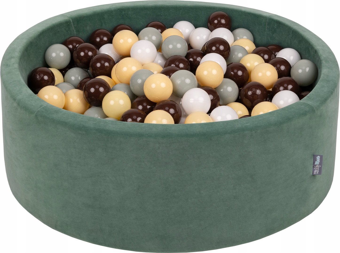 KiddyMoon Suchy basen okrągły VELVET z piłeczkami 7cm zieleń lasu: zielonoszary-pastelowy żółty-brązowy-biały 90x30cm/200piłek Zabawka basen piankowy