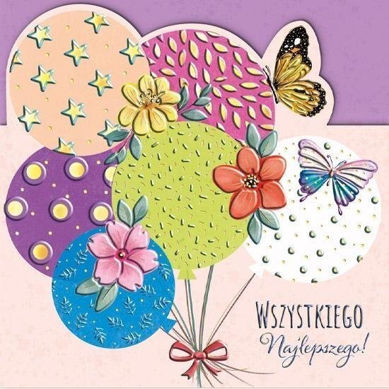 Karnet KW wycinany Urodziny - Balony z motylami