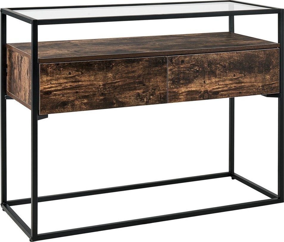 Beliani Konsola 2 szuflady szklana ciemne drewno z czarnym MUAK!