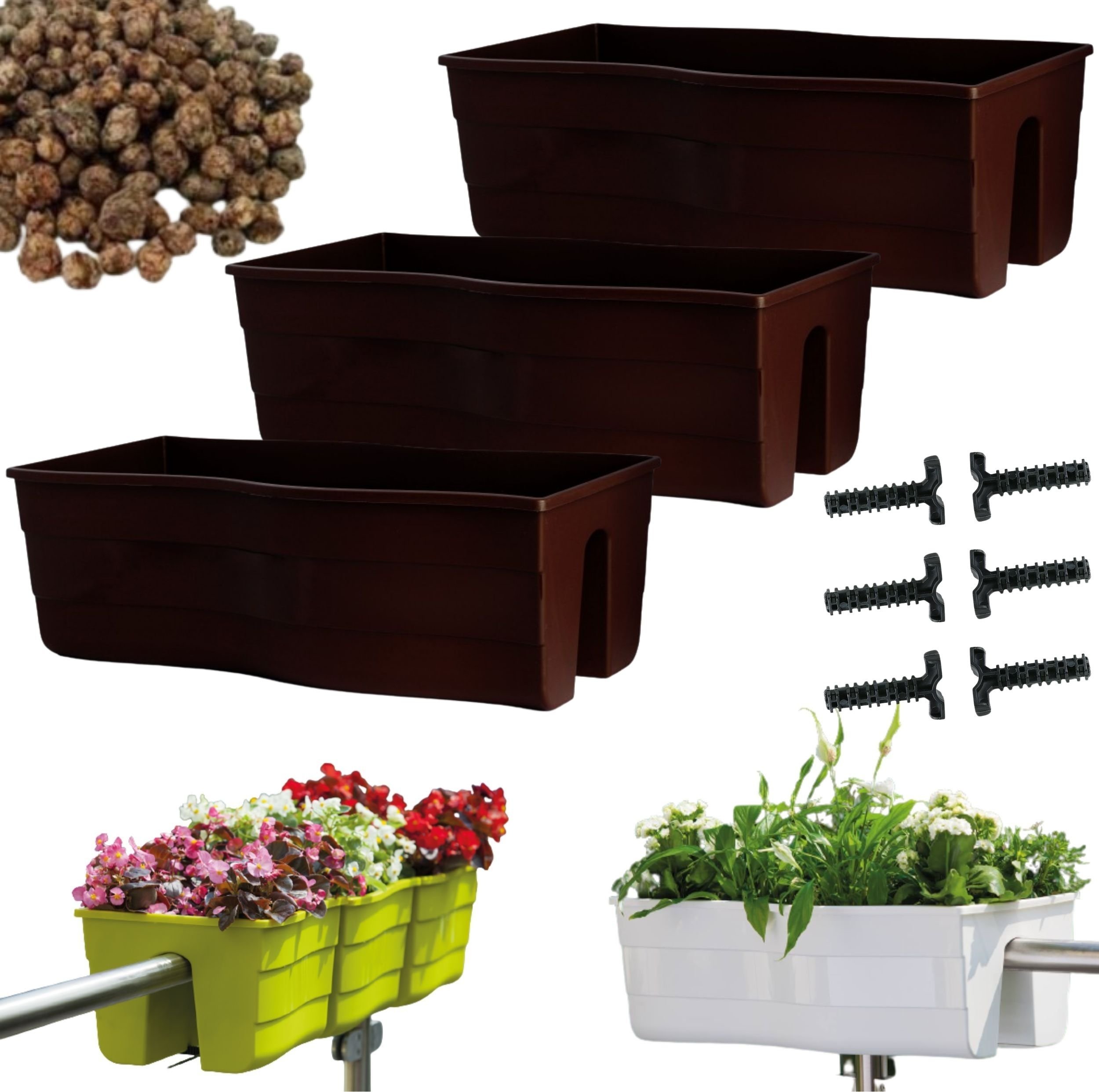 Form-Plastic 3x Skrzynka na balustradę Wave 60, Doniczka balkonowa + keramzyt 5l