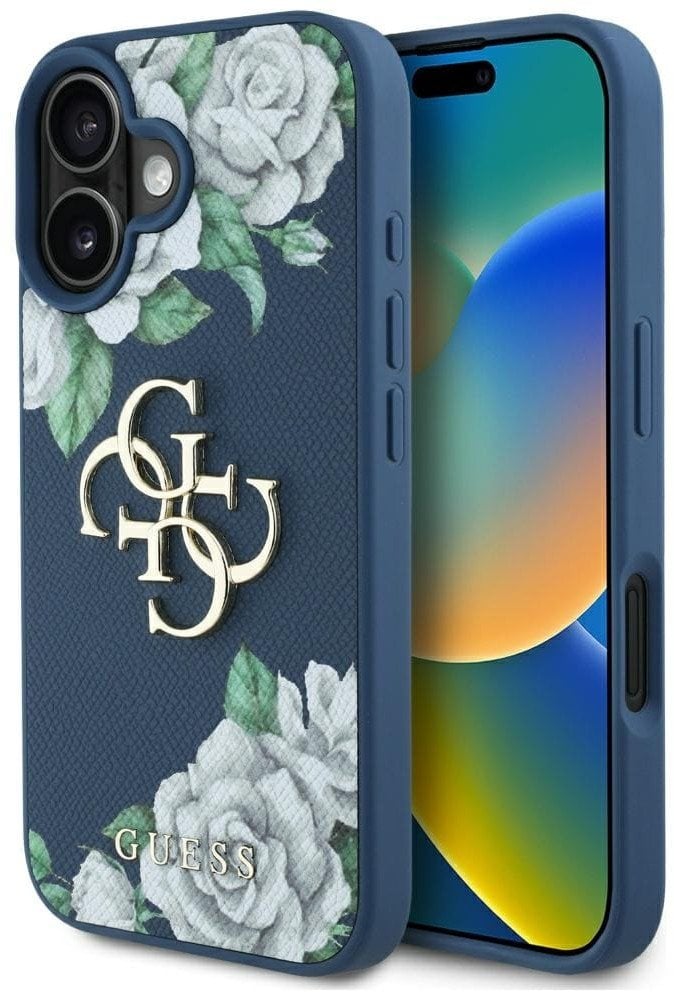 Etui Guess Grained Roses Big 4G logo do iPhone 16 niebieski