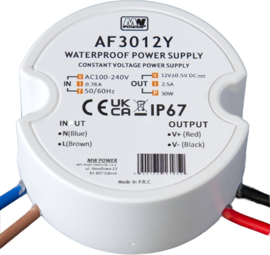 MW Power 30W 24V/1.25A round LED power supply, IP67