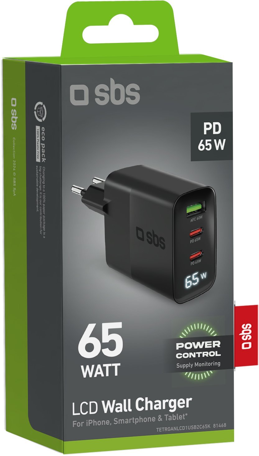 SBS LCD Wall Charger USB-A 2x USB-C LCD 65 W melna - Ladetajs