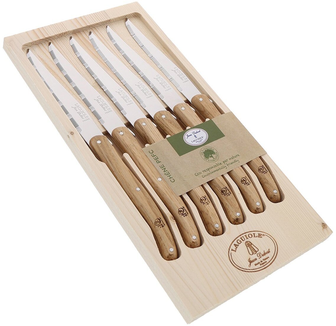 Laguiole Tradition 6 Laguiole noże do grillowania - drewno dębowe - otwarte pudełko - Jean Dubost