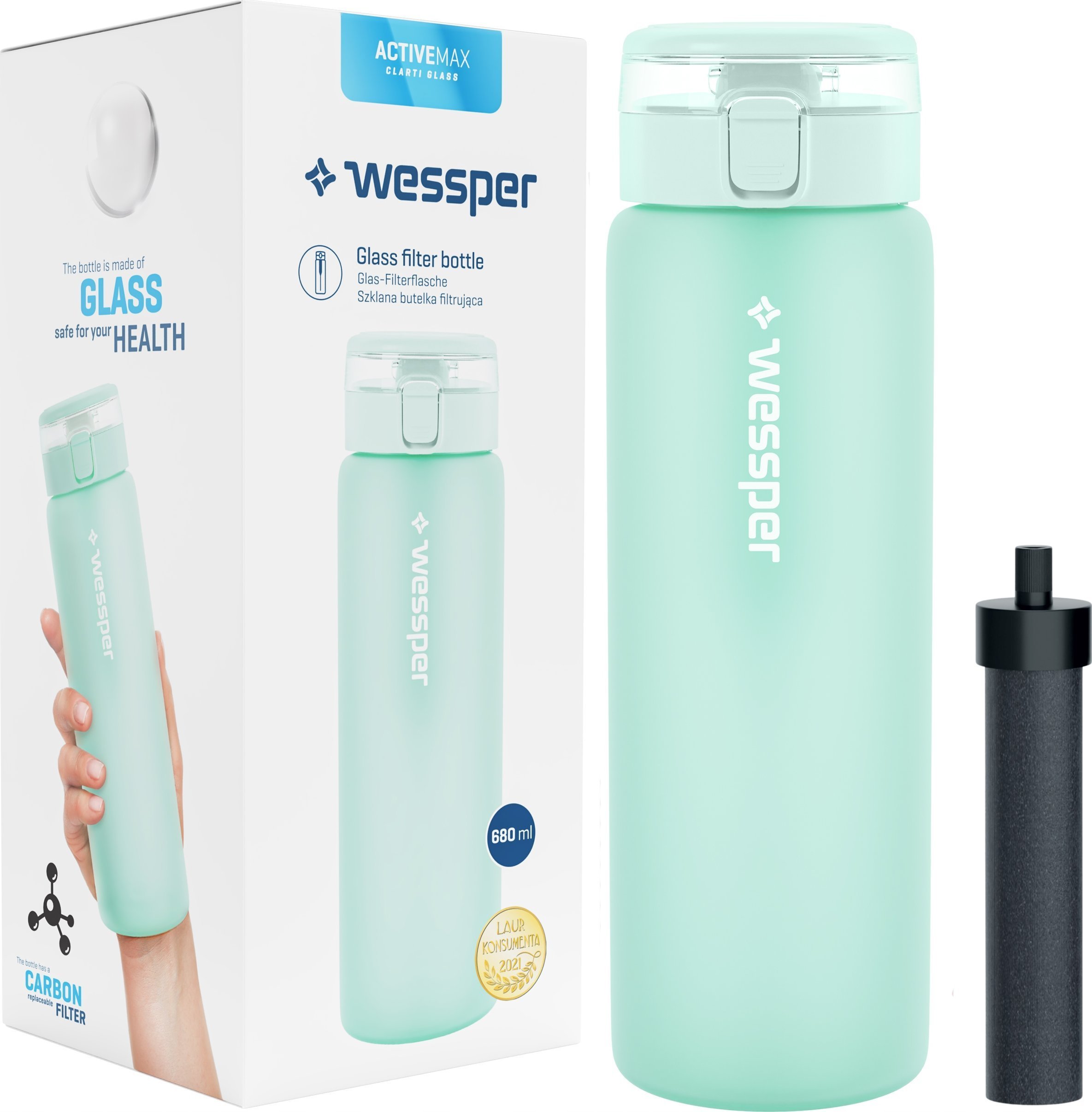 Wessper Szklana butelka ActiveMax 680ml miętowa
