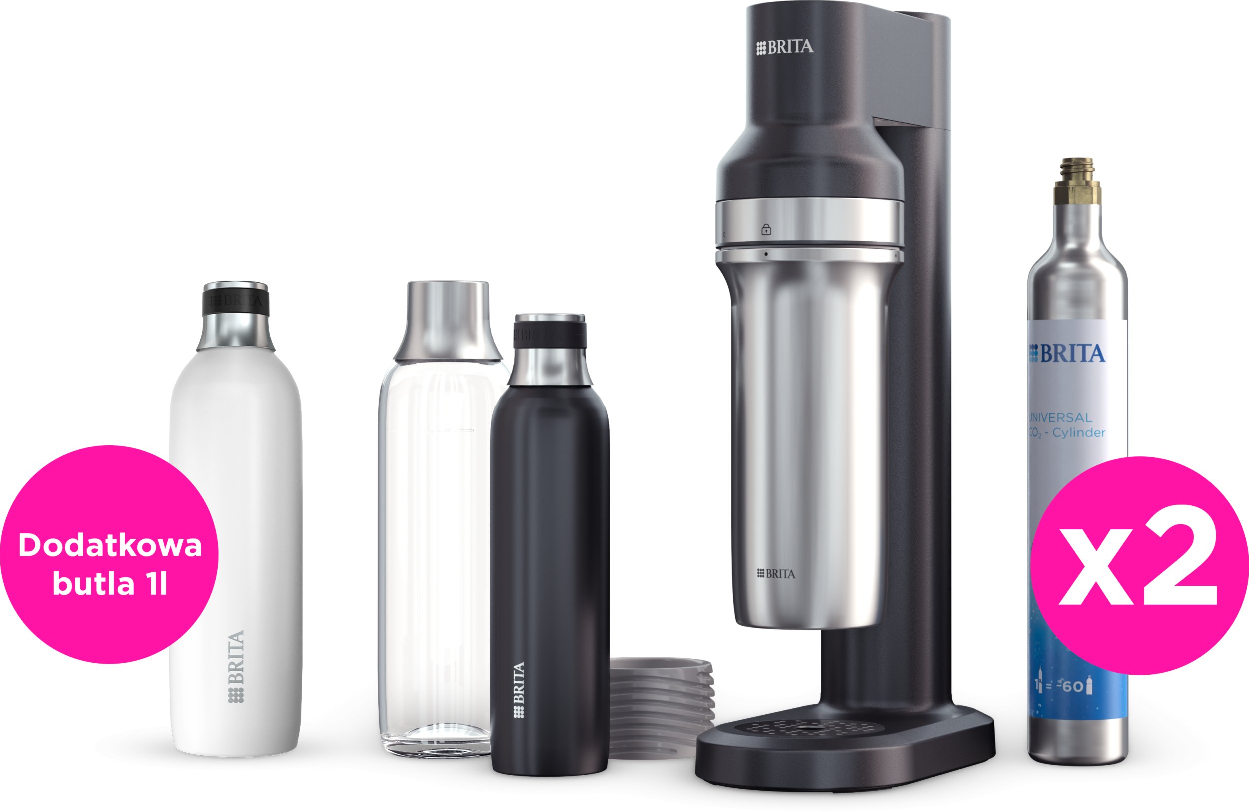 Saturator Brita sodaTRIO Czarny + Dodatkowa butla CO2 + Butelka izolowana 1l biała