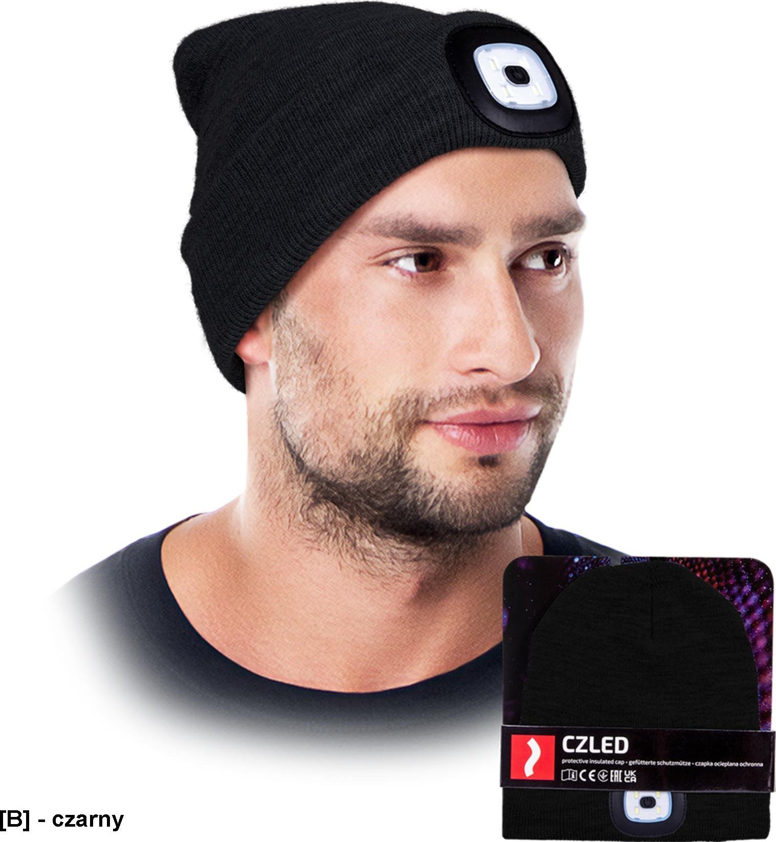 R.E.I.S. CZLED - czapka zimowa ocieplana ochronna z latarką LED, 100% przędza akrylowa - czarny