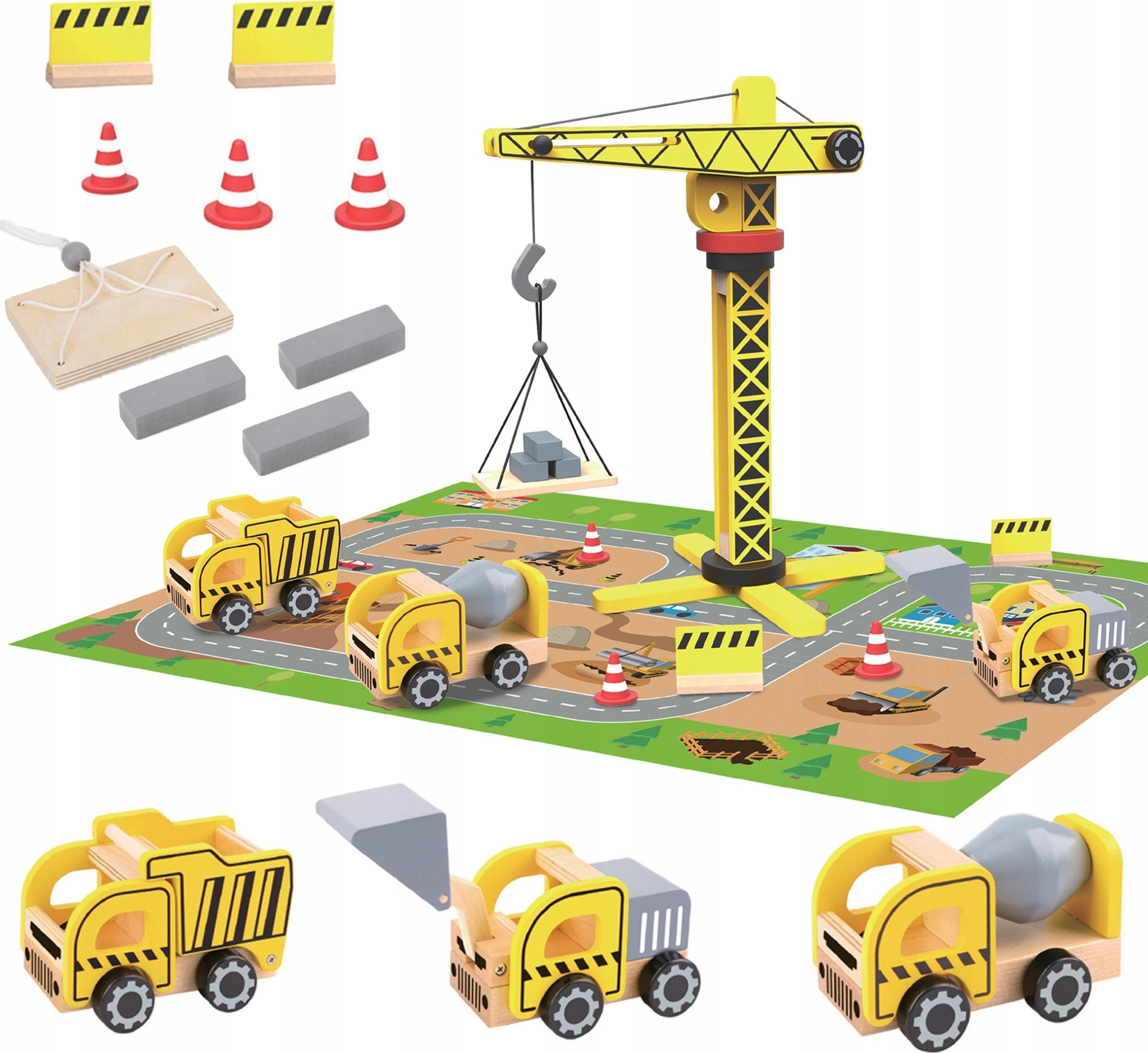 ML WOOPIE GREEN Drewniany Plac Budowy 5w1 Ruchomy Dźwig XXL Pojazdy Budowlane 13 el. FSC