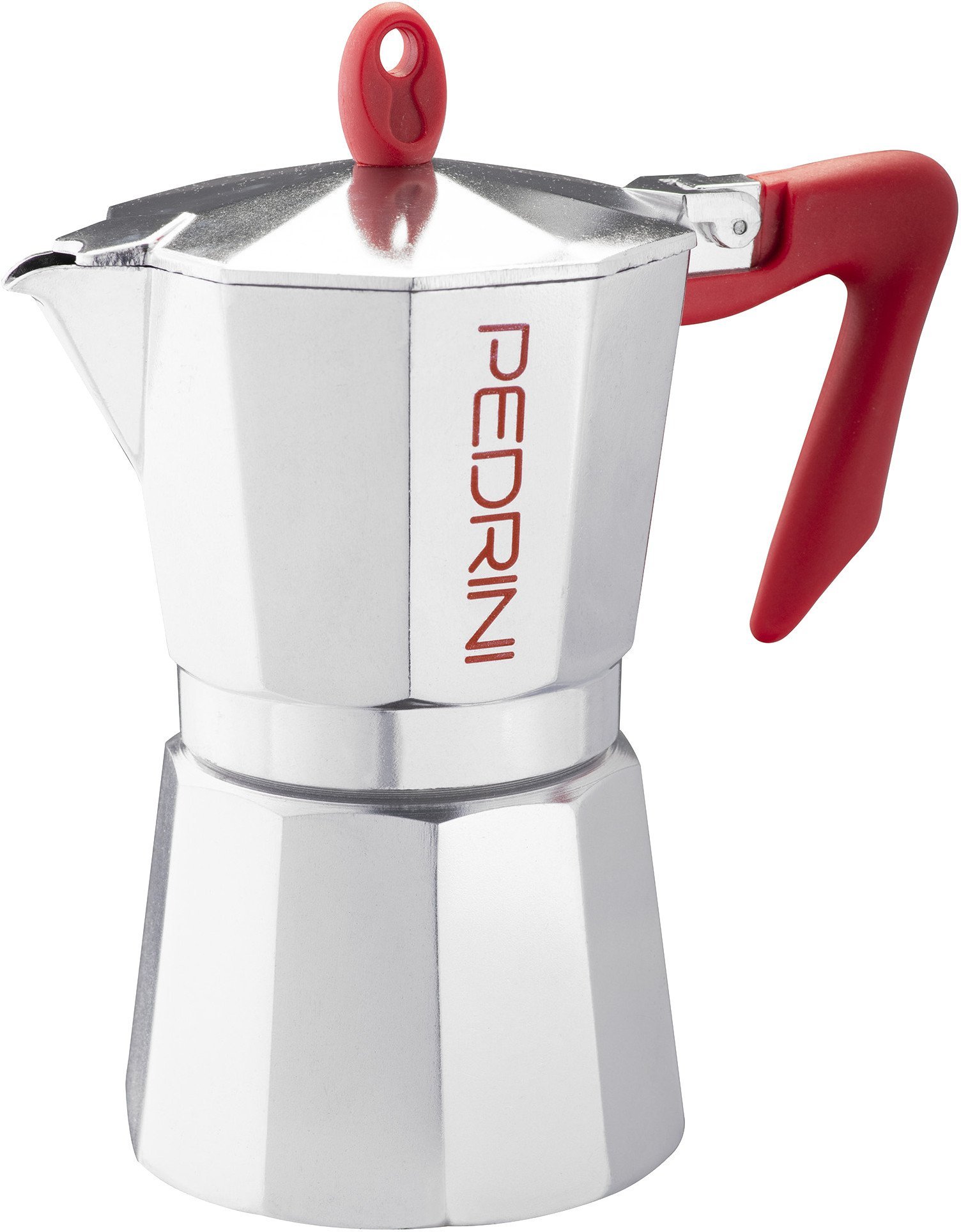 Pedrini Coffee Maker polished Aluminum 6 Cups silver red (9084-0) (90840)