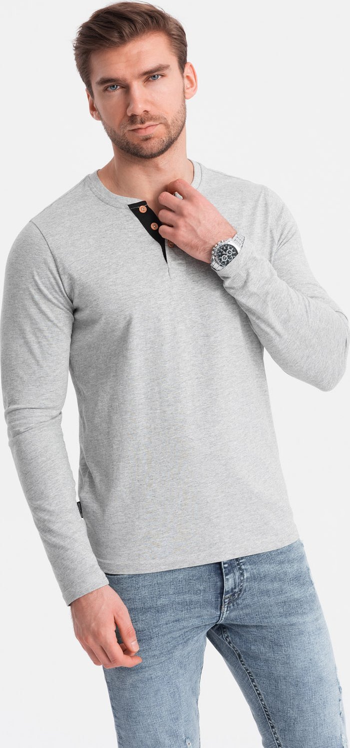 Ombre Męski longsleeve z guzikami przy dekolcie - szary melanż V8 OM-LSCL-0107 L