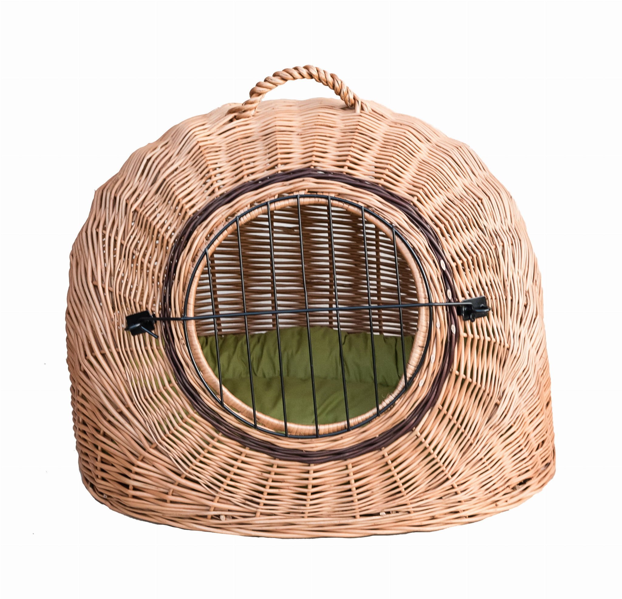 Wiklinowy transporter budka dla kota i innych zwierząt owalny kosz budka z metalowym zamknięciem i z poduszką