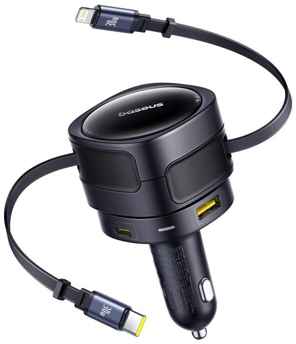 Ładowarka samochodowa Baseus Enjoyment Max z kablami USB-C+Lightning i portami USB-A+USB-C 90W Czarny