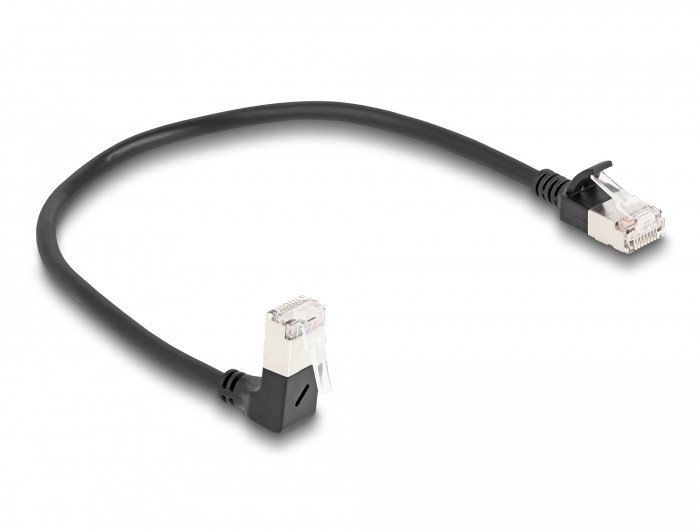 DeLOCK Kabel sieciowy RJ45 Cat.6A S/FTP Slim w dół pod kątem 90/prosty 0,25 m czarny