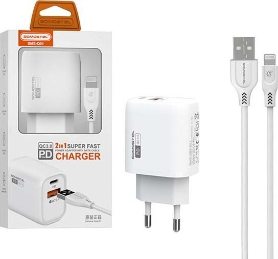 Ładowarka M ŁADOWARKA SIECIOWA 3A 18W + KABEL IPHONE BIAŁA SOMOSTEL POWER DELIVERY SMS-Q01 PD+USB