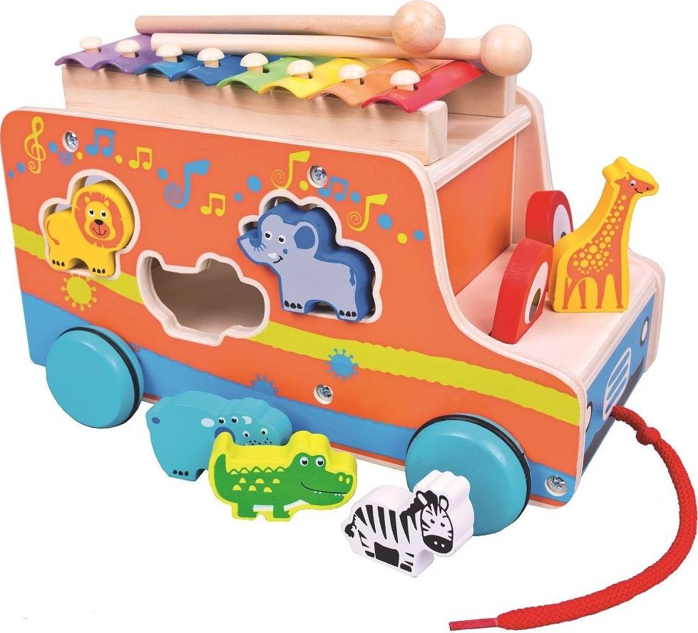 Bino Drewniany samochód z ksylofonem zwierzęta