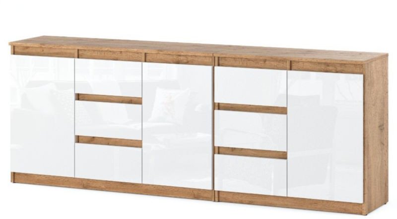 Komoda Pojemna Młodzieżowa Do Salonu 6 Szuflad 200cm Dąb Wotan Biały Połysk