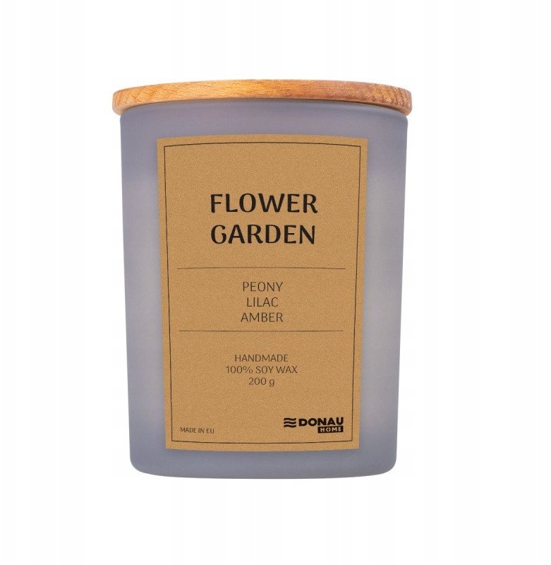 Świeca sojowa DONAU HOME, w szarym szkle, drewniana pokrywa i knot, Flower Garden, 200g