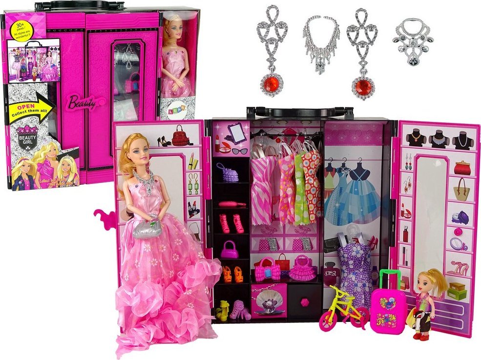 LeanToys Lalka z Garderobą Sukienki Dodatki Dla Lalek Szafa Na Ubranka Walizka