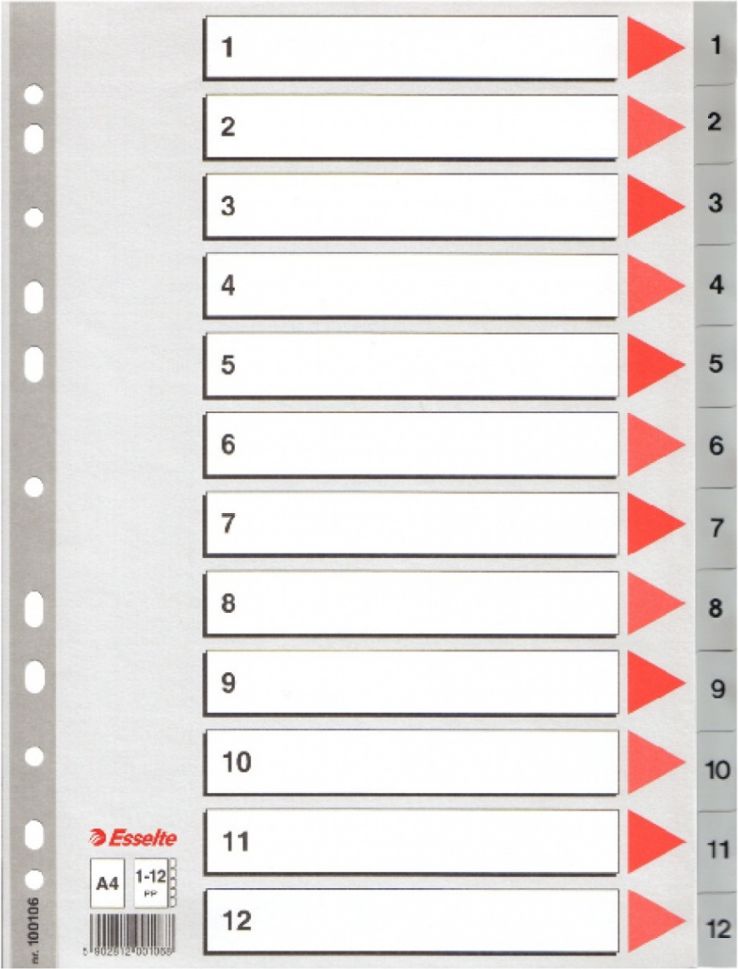 Esselte Zakładki indeksujące 1-12 Szare PP (100106)