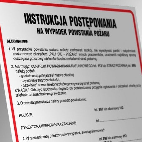PROCERA Znak TDC, Instrukcja postępowania w przypadku powstania pożaru