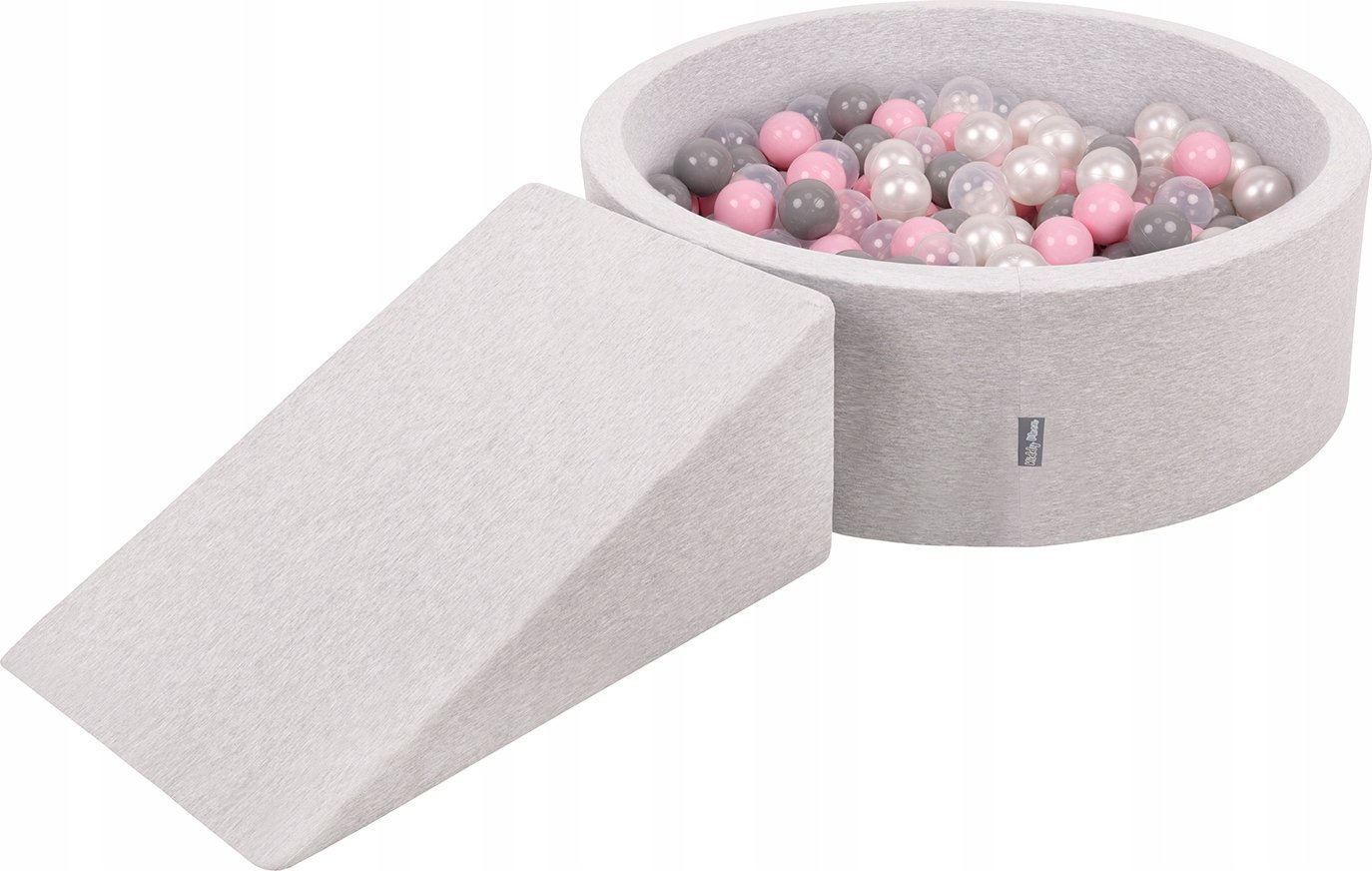 KiddyMoon Piankowy plac zabaw PPZP-OK30D-112 z piłeczkami jasnoszary: perła-szary-transparent-pudrowy róż basen 200/klin L Zabawka plac zabaw