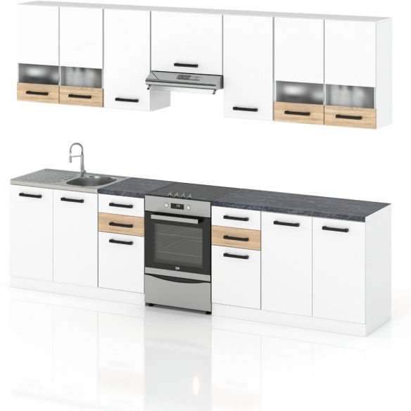 Meble Kuchenne Zestaw Elio 3.0m Szafki Kuchenne Nowoczesne Białe Mat Sonoma