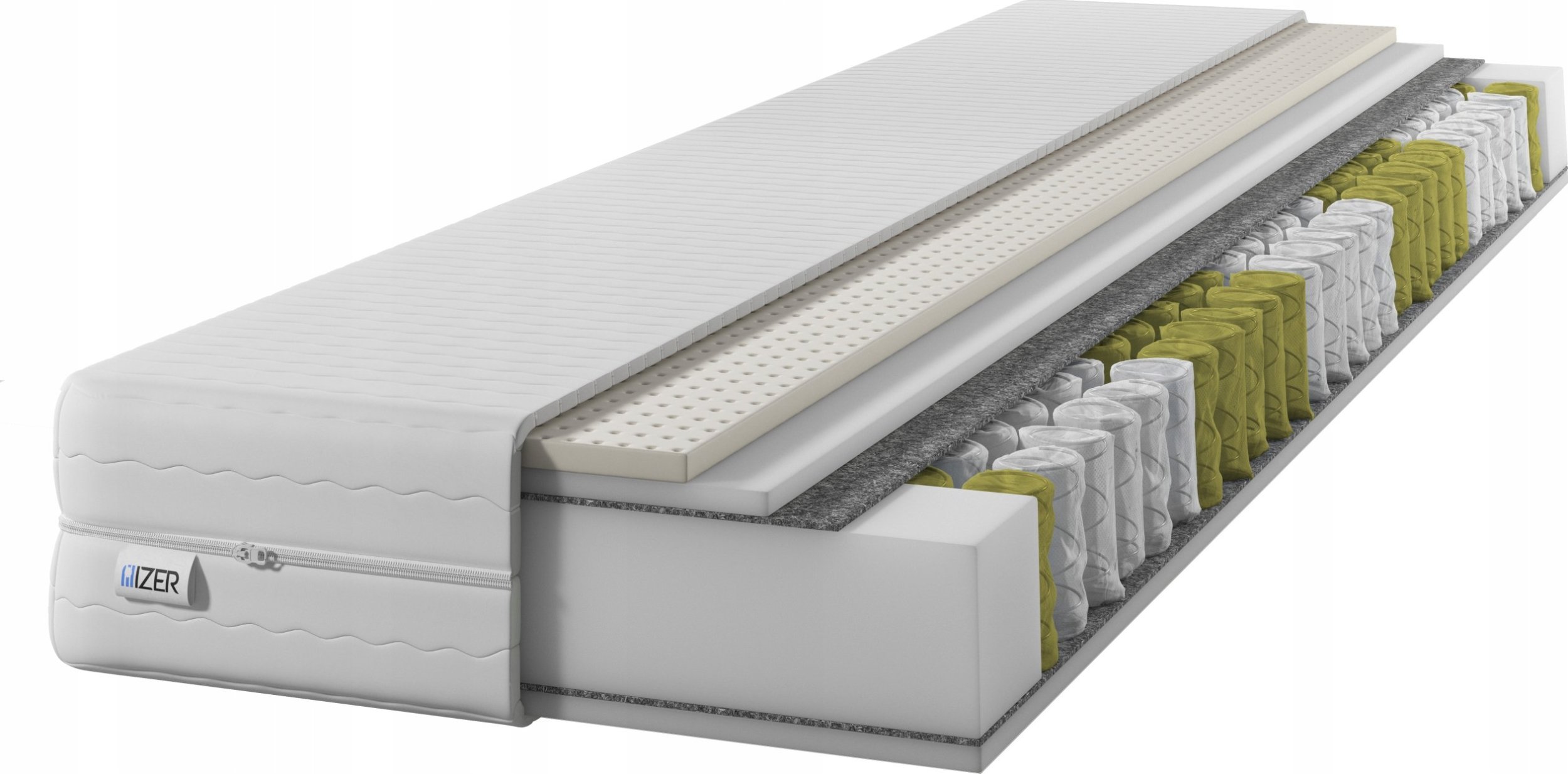 Materac sprężynowy GOLD 150x200 | z LATEKSEM | Dwustronny H2/H3 | 7 stref | Rdzeń ze sprężyn kieszeniowych | Pikowany pokrowiec