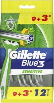 Gillette Gillette Blue3 Sensitive Jednorazowa maszynka do golenia dla mężczyzn, 12 sztuk