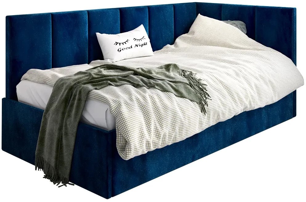 Łóżko młodzieżowe AURA 120x200 granatowe z tapicerowanym panelem L i pojemnikiem na pościel MKPOL
