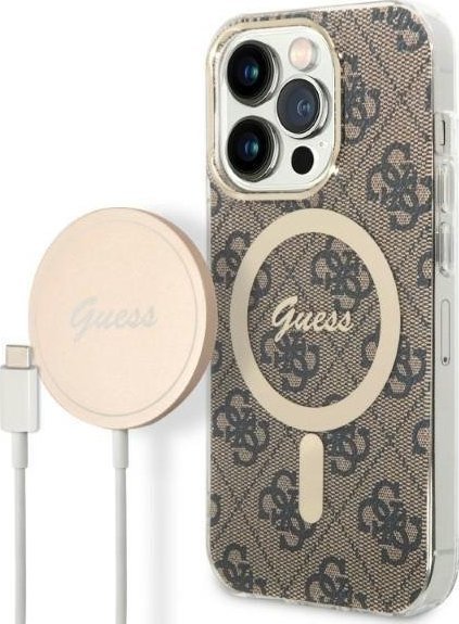 Ładowarka Guess Zestaw Guess etui + ładowarka bezprzewodowa GUBPP14LH4EACSW Apple iPhone 14 Pro brązowy/brown hard case 4G Print MagSafe