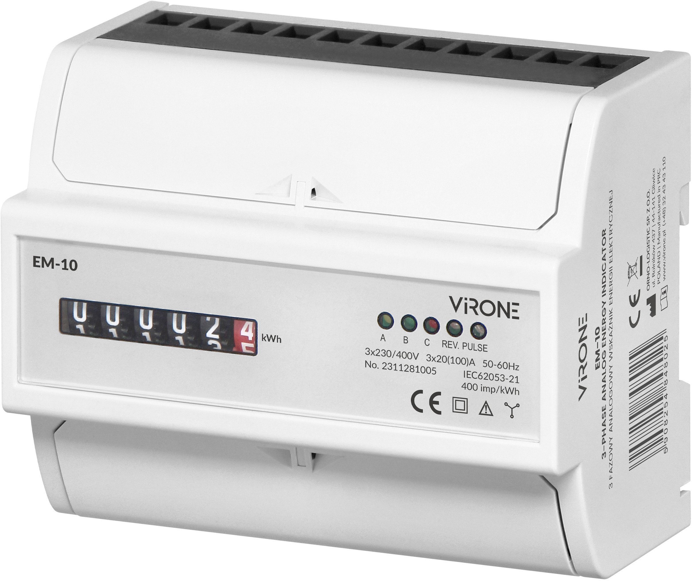 3-fazowy analogowy wskaźnik zużycia energii elektrycznej, 100A, 7 modułów, DIN TH-35mm