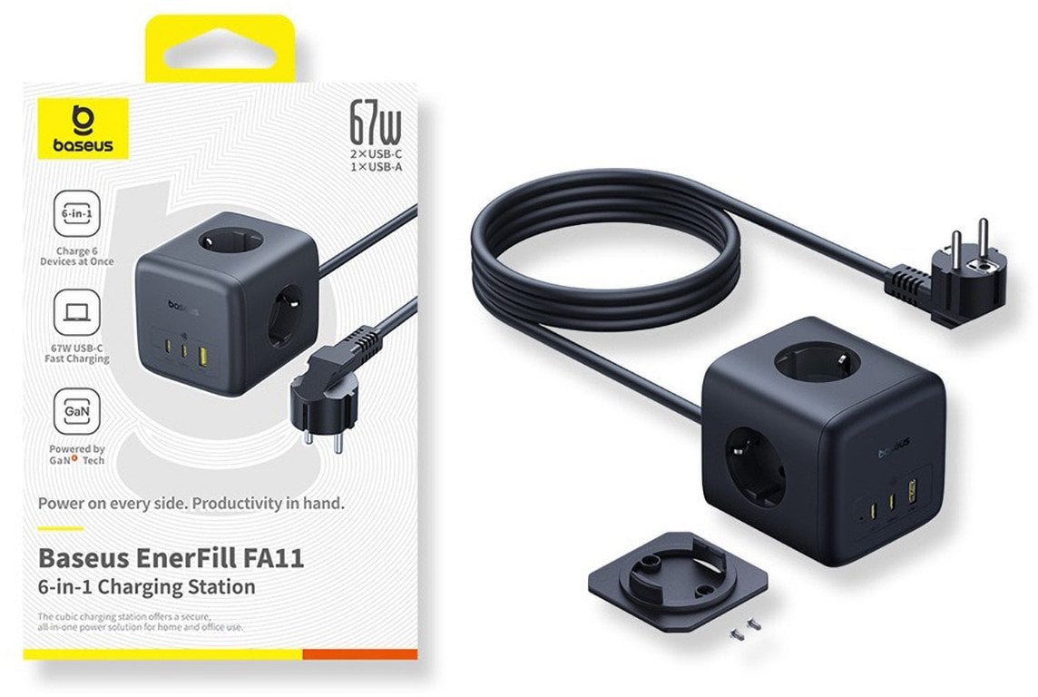 Listwa zasilająca Baseus EnerFill FA11 67W kostka USB-A + USB-C + 3 x gniazdo EU 1,5m - czarna