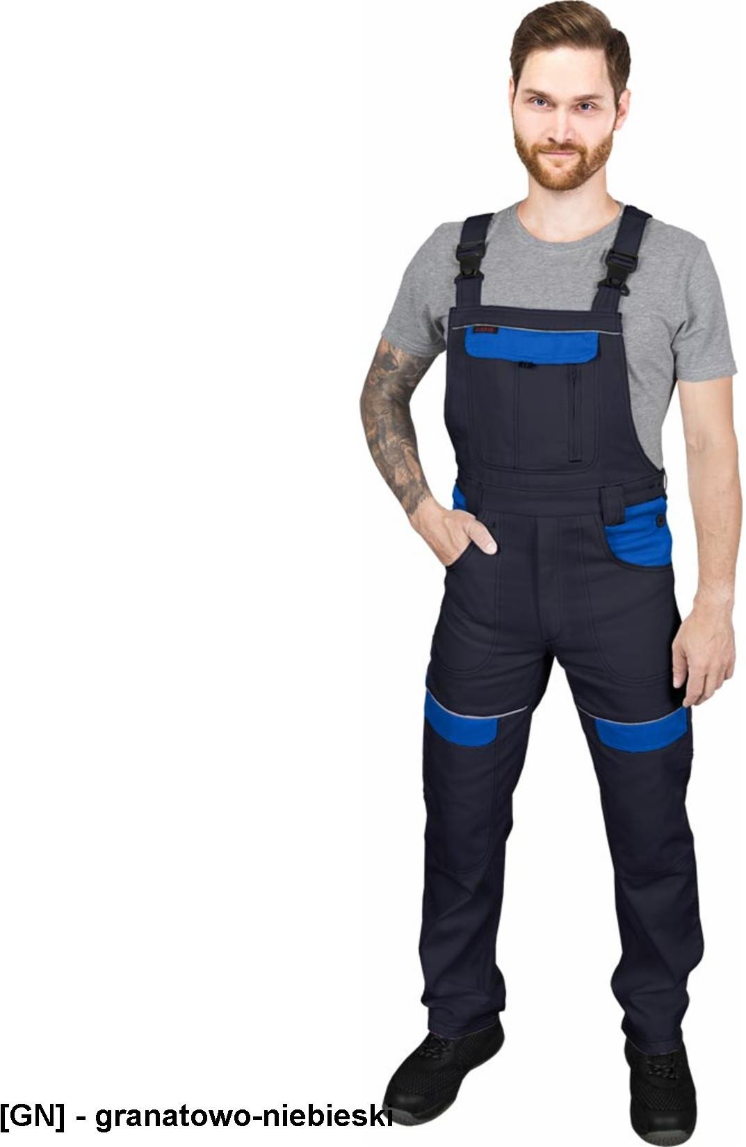 CORTON-B - Spodnie ochronne ogrodniczki CORTON, tkane 100% bawełna 260 g/m2 6 kieszeni elementy odlaskowe - granatowo-niebieski 68