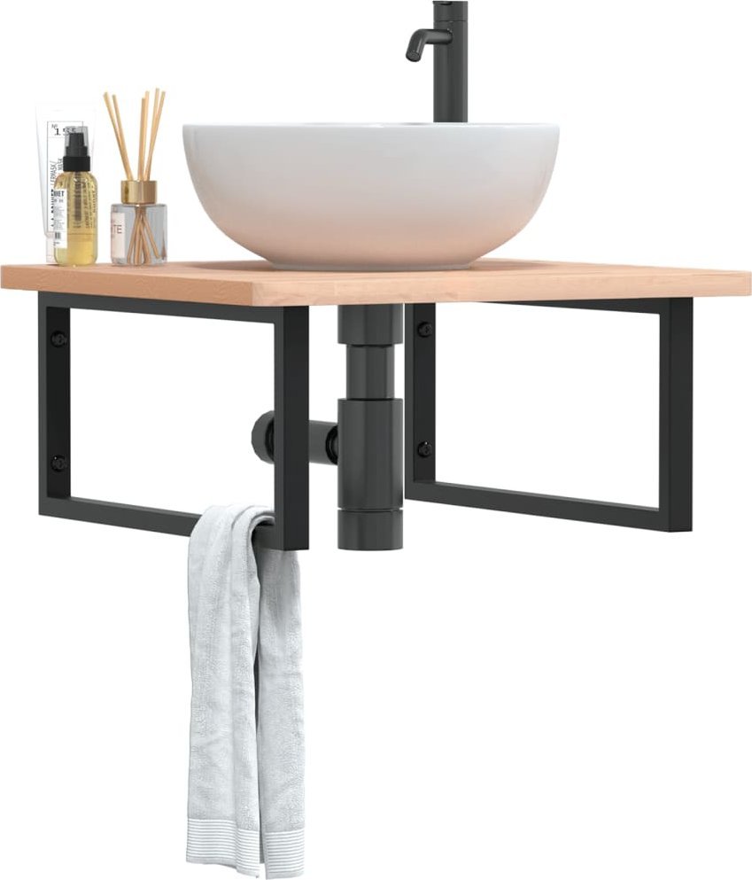 vidaXL Półka ścienna pod umywalkę, stal i lite drewno bukowe