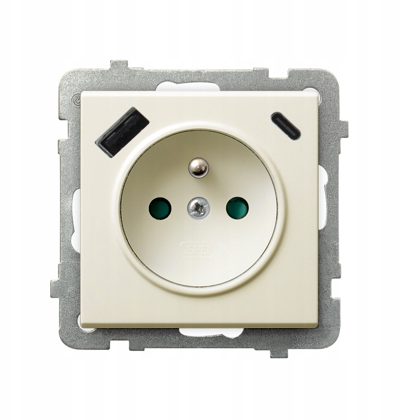 Ospel Gniazdo jedno z uziemieniem z przesłonami torów prądowych z ładowarką USB A+C ecru GP-1RZPUSBAC/m/27