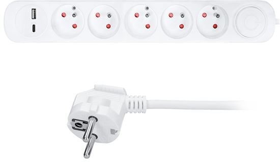 Solight przedłużacz z 5 gniazdami, ładowarka USB A+C, 12W, 3m, 3 x 1mm2, biały, przełącznik