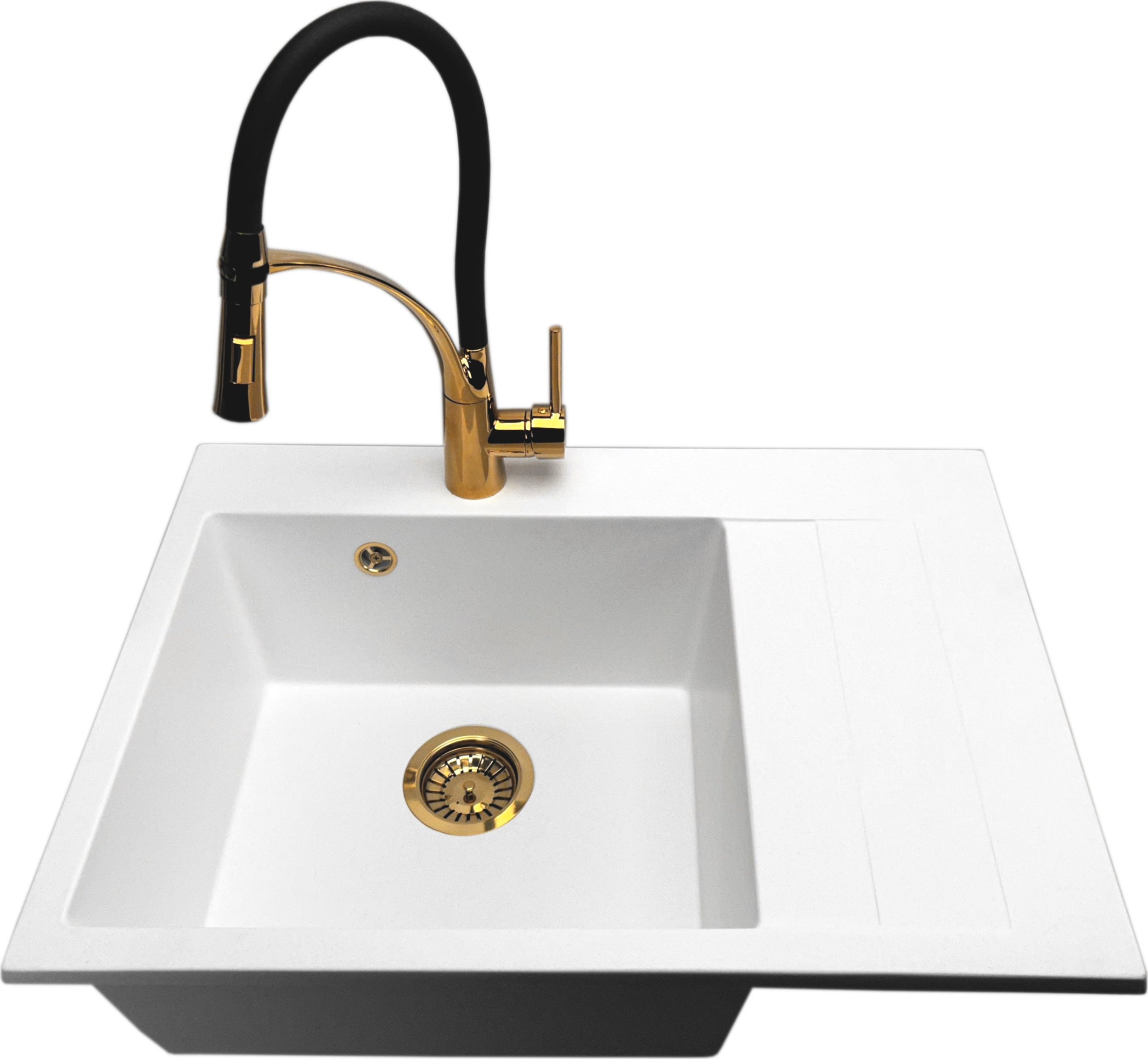 Zlewozmywak PREHNIT Zlewozmywak jednokomorowy z ociekaczem LOBSTER biały + bateria złota NEXO